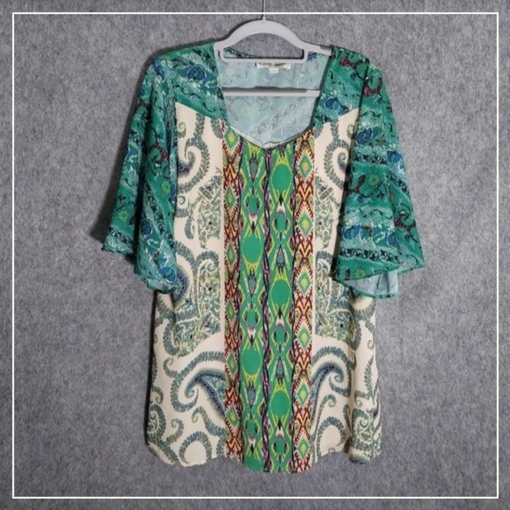 Weekend‎ Suzanna Betro Tunic M Mix Print Ruffle Short Sleeve Boho Festival